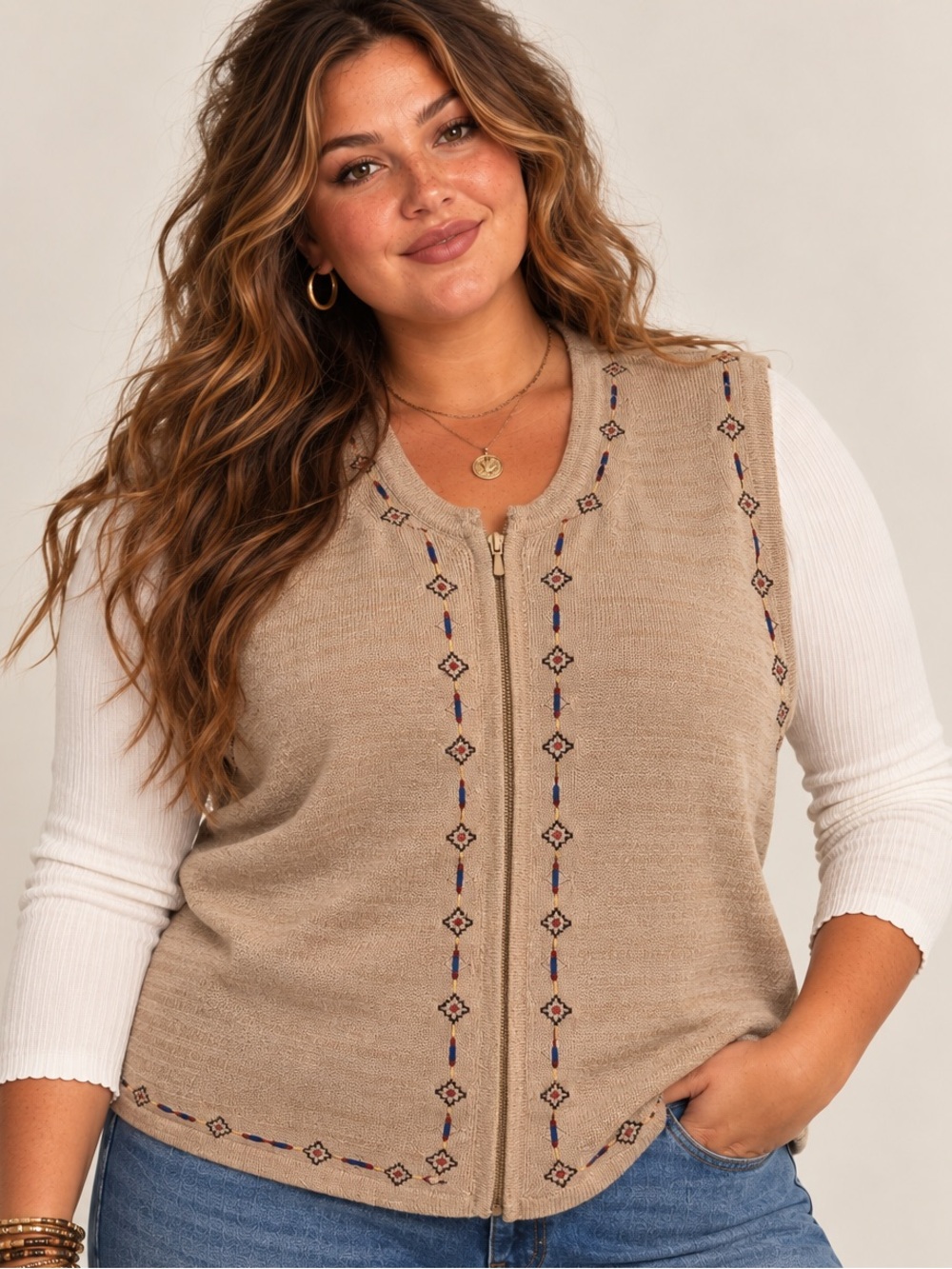 Vintage Blair Ramie Cotton Embroidered Zip Sweater Vest Tan XL Western